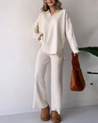 Women's Collared V-Neck Ribbed Knit 2-Piece Lounge Set | Wide-Leg Pants