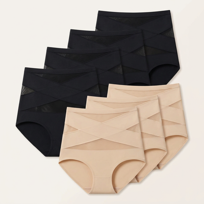 ✨ [Buy 1 Get 2 Free] Plus-Size High-Waist Cross Tummy-Control Shaping Panties – Anti-Roll Double Compression | S to 4XL