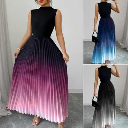 💕 Długa sukienka bez rękawów z plisami i stójką w stylu ombre