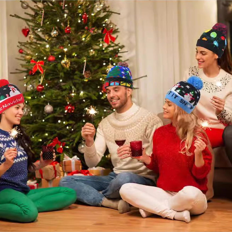 🎄 LED Light-Up Knitted Christmas Beanie Hat – 6 Flashing Holiday LEDs with 3 Lighting Modes & Pom-Pom