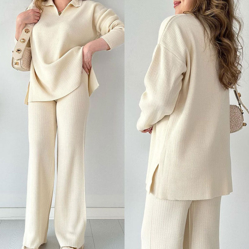 Women's Collared V-Neck Ribbed Knit 2-Piece Lounge Set | Wide-Leg Pants