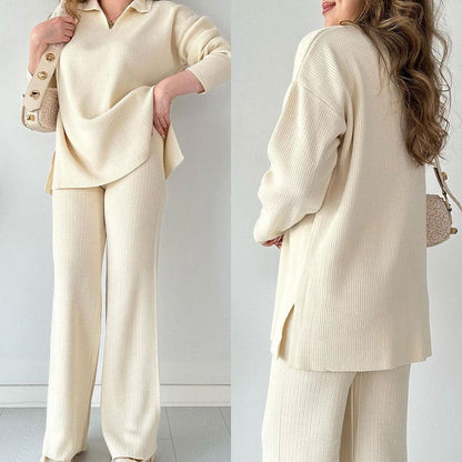 Women's Collared V-Neck Ribbed Knit 2-Piece Lounge Set | Wide-Leg Pants