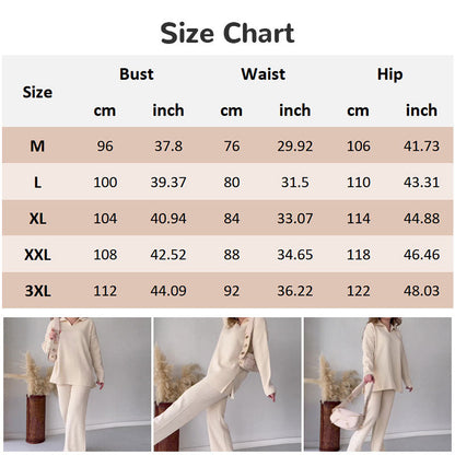 Women's Collared V-Neck Ribbed Knit 2-Piece Lounge Set | Wide-Leg Pants