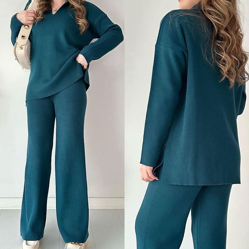 Women's Collared V-Neck Ribbed Knit 2-Piece Lounge Set | Wide-Leg Pants