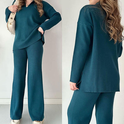 Women's Collared V-Neck Ribbed Knit 2-Piece Lounge Set | Wide-Leg Pants