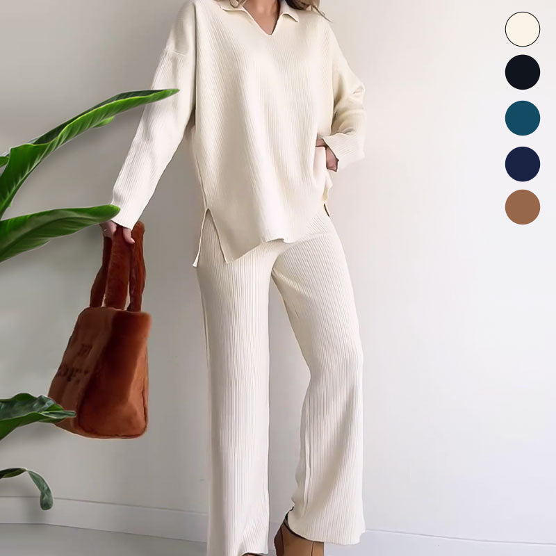 Women's Collared V-Neck Ribbed Knit 2-Piece Lounge Set | Wide-Leg Pants