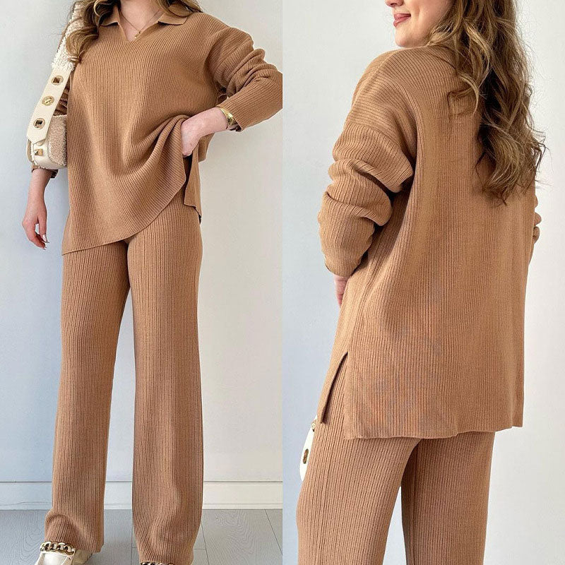 Women's Collared V-Neck Ribbed Knit 2-Piece Lounge Set | Wide-Leg Pants