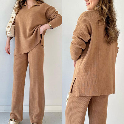 Women's Collared V-Neck Ribbed Knit 2-Piece Lounge Set | Wide-Leg Pants