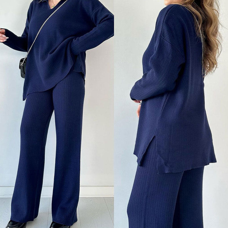 Women's Collared V-Neck Ribbed Knit 2-Piece Lounge Set | Wide-Leg Pants