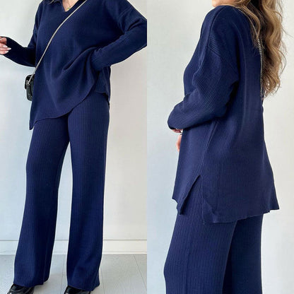 Women's Collared V-Neck Ribbed Knit 2-Piece Lounge Set | Wide-Leg Pants