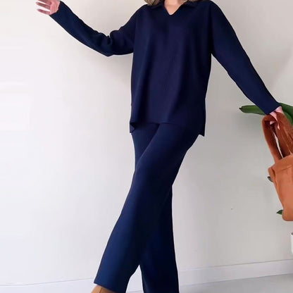 Women's Collared V-Neck Ribbed Knit 2-Piece Lounge Set | Wide-Leg Pants