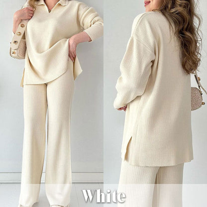 Women's Collared V-Neck Ribbed Knit 2-Piece Lounge Set | Wide-Leg Pants