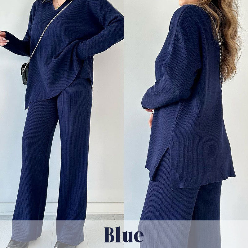 Women's Collared V-Neck Ribbed Knit 2-Piece Lounge Set | Wide-Leg Pants