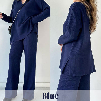 Women's Collared V-Neck Ribbed Knit 2-Piece Lounge Set | Wide-Leg Pants