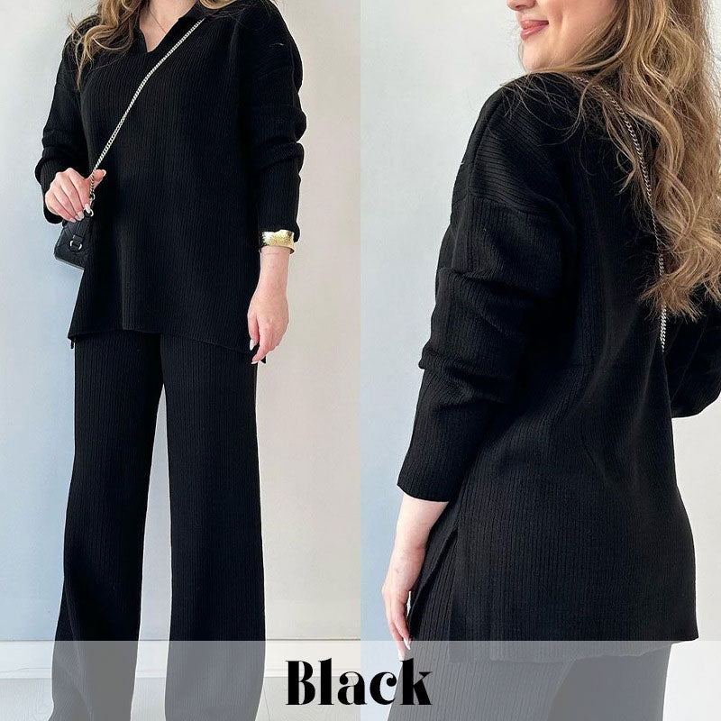Women's Collared V-Neck Ribbed Knit 2-Piece Lounge Set | Wide-Leg Pants