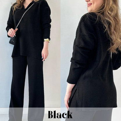 Women's Collared V-Neck Ribbed Knit 2-Piece Lounge Set | Wide-Leg Pants