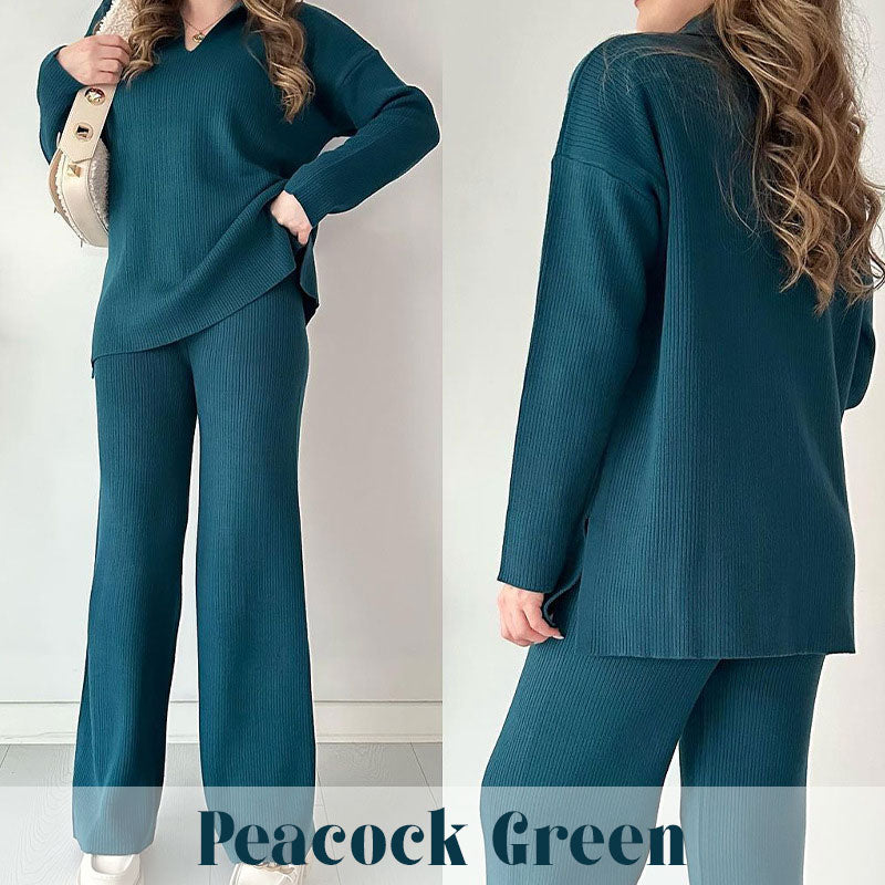 Women's Collared V-Neck Ribbed Knit 2-Piece Lounge Set | Wide-Leg Pants
