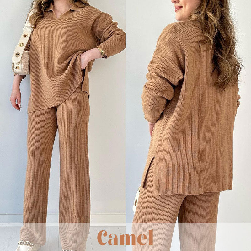 Women's Collared V-Neck Ribbed Knit 2-Piece Lounge Set | Wide-Leg Pants