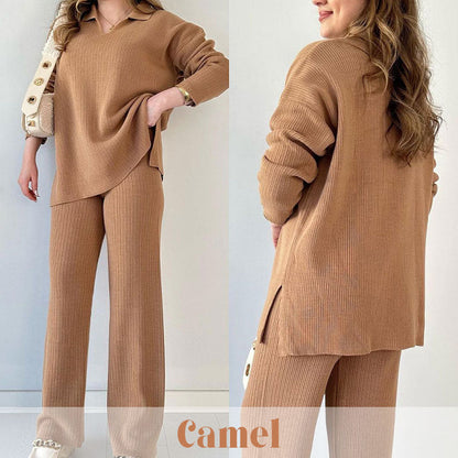 Women's Collared V-Neck Ribbed Knit 2-Piece Lounge Set | Wide-Leg Pants