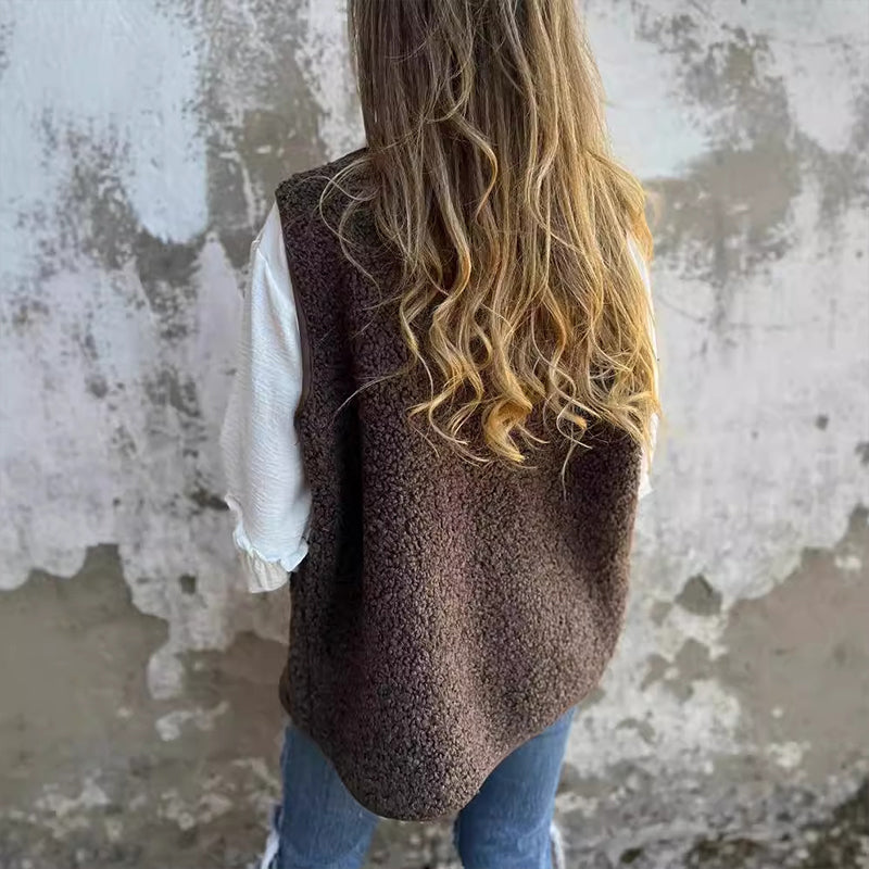 🍂 Plush Teddy Sherpa Button-Down Cropped Vest – Cozy Autumn Layering