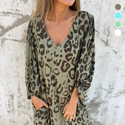 💕V-Neck Printed Flowy Dress with Pockets