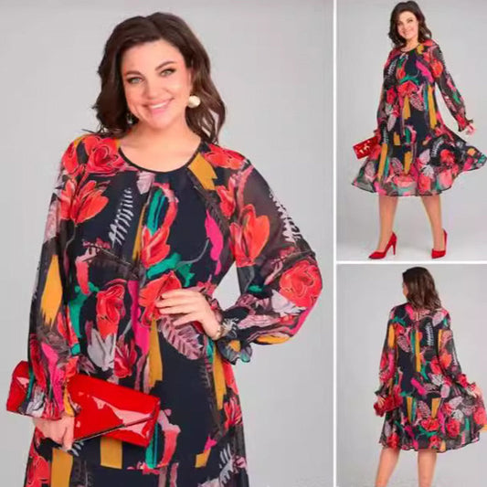 【M-4XL】Lekka sukienka w kwiaty z długim rękawem i okrągłym dekoltem
