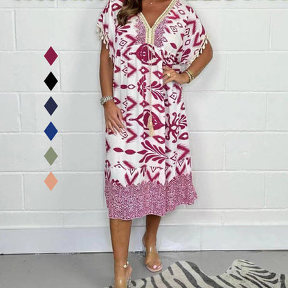 🔥👗Sukienka casualowa z nadrukiem, dekoltem w serek i frędzlami na krótkich rękawach