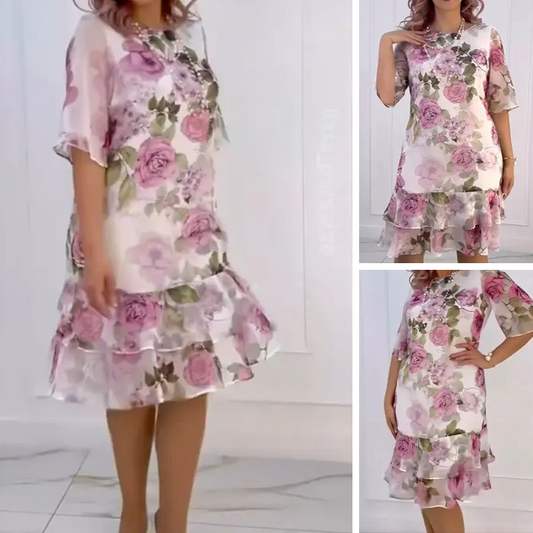 🌸Rekomendacje dotyczące odzieży damskiej w dużych rozmiarach!【S-4XL】🌷 Wielobarwna różowa sukienka z falbanami