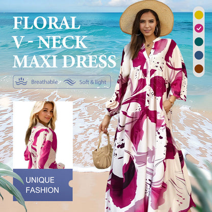👗 50% RABATU! 🌸 Długa sukienka w kwiaty dla kobiet z dekoltem w serek – zwiewny materiał, romantyczny fason i idealna na lato ☀️
