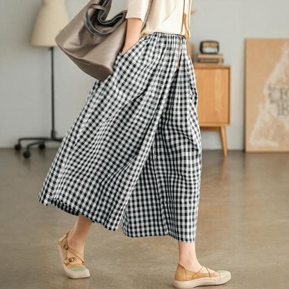 Women's Casual Elastic-Waist Gingham Wide-Leg Pants with Pockets