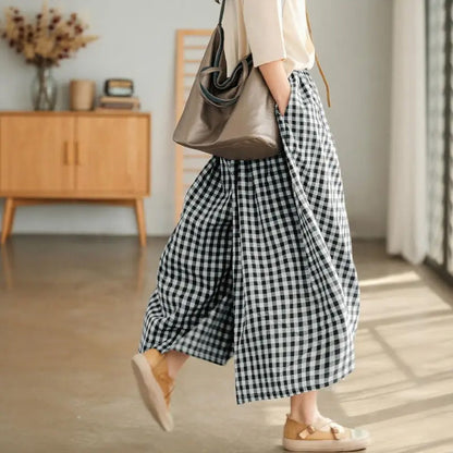 Women's Casual Elastic-Waist Gingham Wide-Leg Pants with Pockets