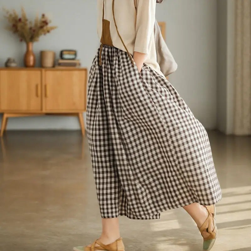 Women's Casual Elastic-Waist Gingham Wide-Leg Pants with Pockets