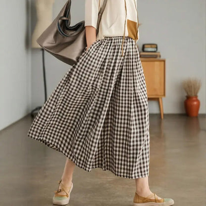 Women's Casual Elastic-Waist Gingham Wide-Leg Pants with Pockets