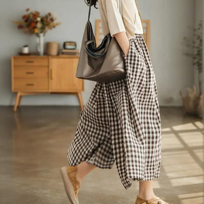 Women's Casual Elastic-Waist Gingham Wide-Leg Pants with Pockets