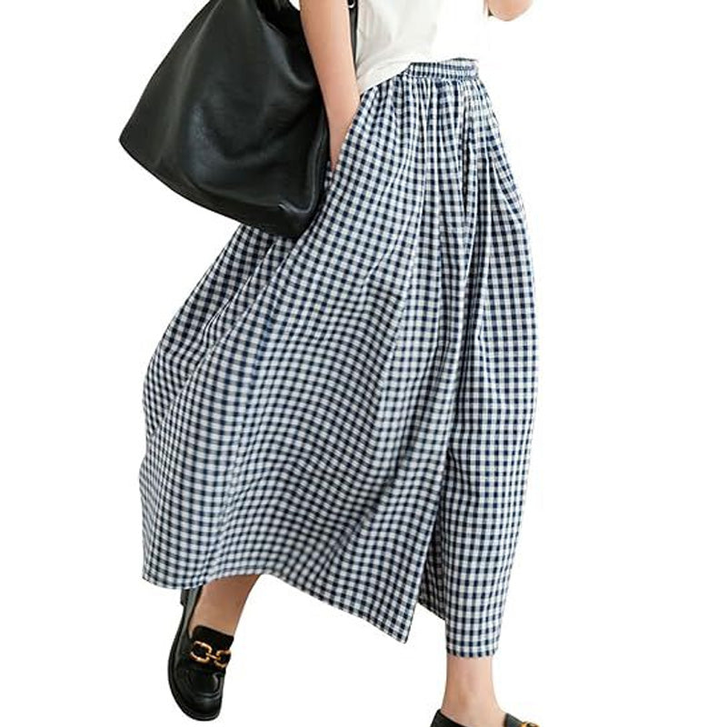 Women's Casual Elastic-Waist Gingham Wide-Leg Pants with Pockets