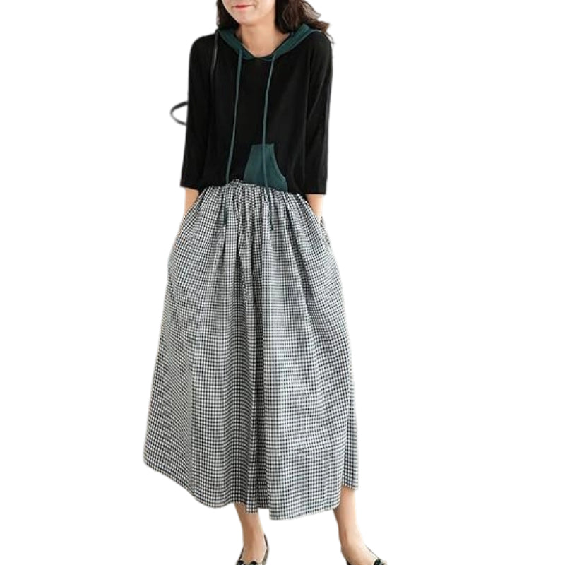 Women's Casual Elastic-Waist Gingham Wide-Leg Pants with Pockets
