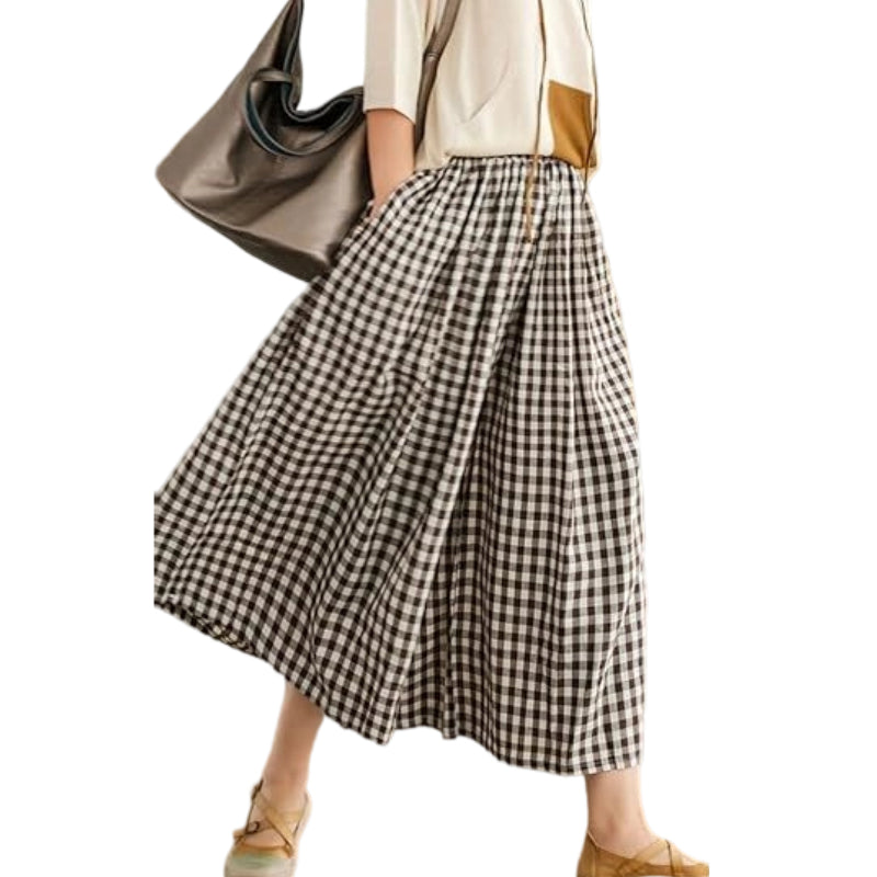 Women's Casual Elastic-Waist Gingham Wide-Leg Pants with Pockets