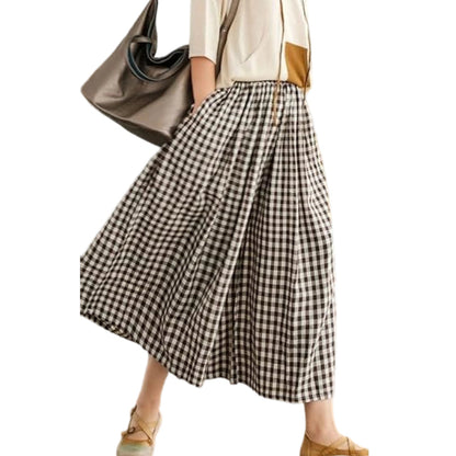 Women's Casual Elastic-Waist Gingham Wide-Leg Pants with Pockets