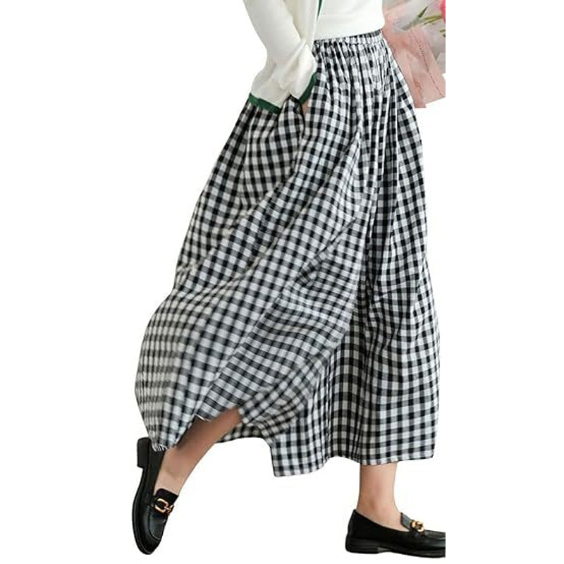 Women's Casual Elastic-Waist Gingham Wide-Leg Pants with Pockets