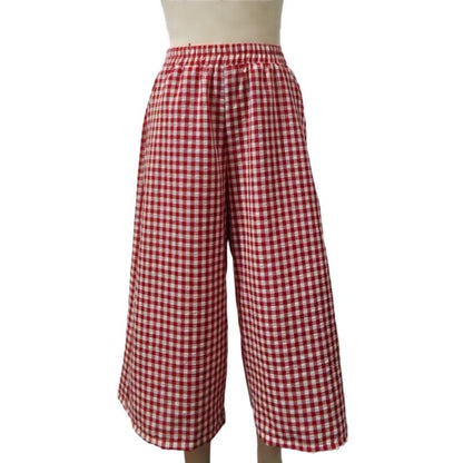Women's Casual Elastic-Waist Gingham Wide-Leg Pants with Pockets