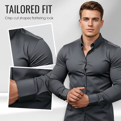 🔥👔Męska koszula z długim rękawem, jednokolorowa, przeciwzmarszczkowa, o wysokiej elastyczności