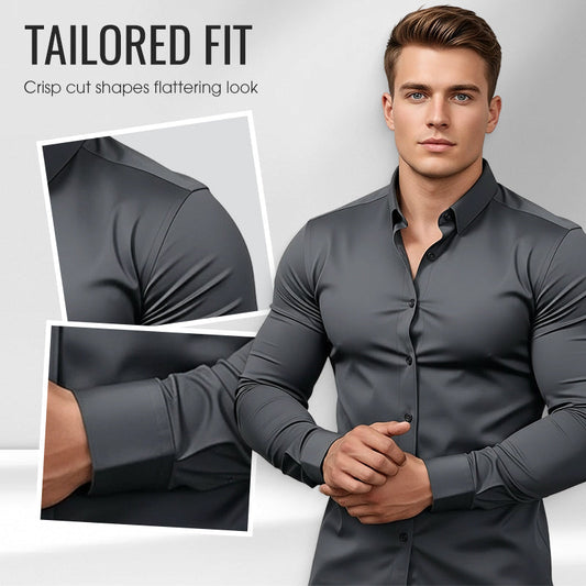 🔥👔Męska koszula z długim rękawem, jednokolorowa, przeciwzmarszczkowa, o wysokiej elastyczności