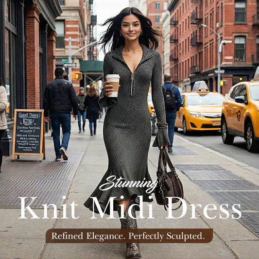 Sukienka midi z zamkiem błyskawicznym i rękawami w kształcie trąbki w stylu retro