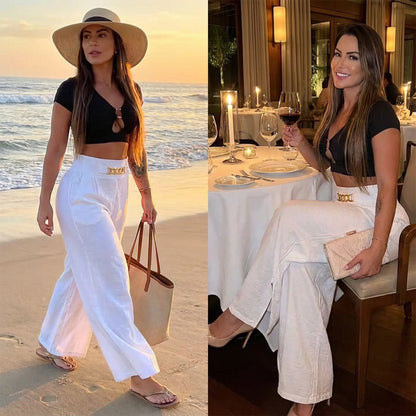 Women's High-Waist Wide-Leg Trousers with Belt Accent