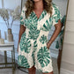 Women's Casual V-Neck Leaf Print Romper with Pockets