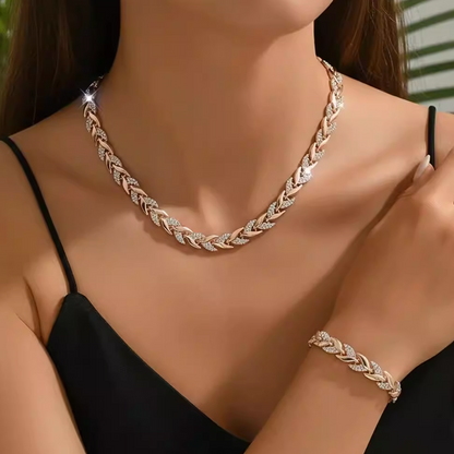🌿✨ Zestaw: naszyjnik + bransoletka – liście i błyszczące kamienie. Prezent! 🎁