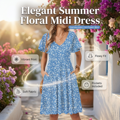 💐  Sukienka Midi z Dekoltem w Sercu i Kwiatowym Nadrukiem w Kształcie Litery A 👗