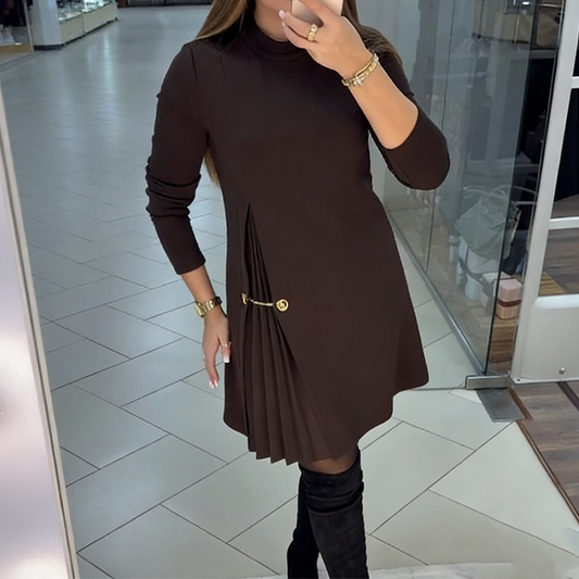 ✨ Naturalna elegancja: elegancka sukienka z długimi rękawami, wstawkami i plisami – idealna na każdą okazję ✨