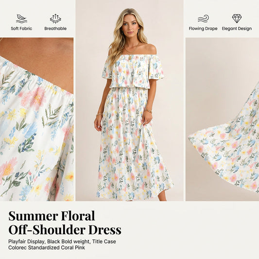 👗 Sukienka maxi z odkrytymi ramionami i krótkim rękawem – w kwiatowy wzór, marszczony stanik i ukryte kieszenie ✨