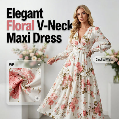 Wydruk vintage róż V-neck sukienka maxi